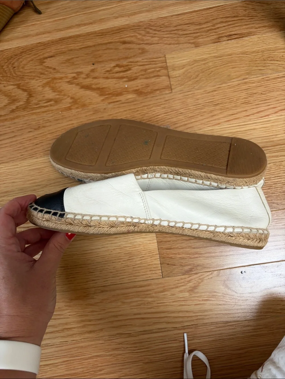 Tory Burch Cream Leather Espadrille Flats with Black Toe Caps